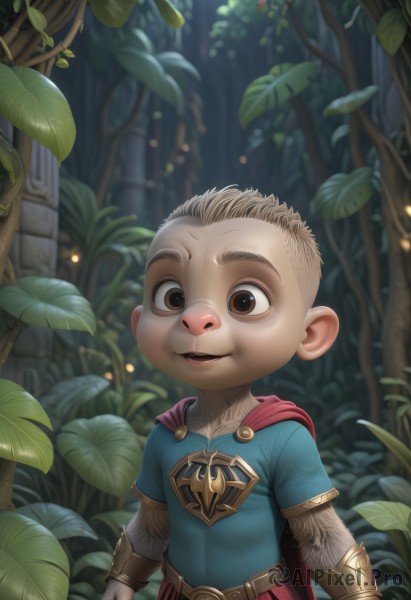 solo,looking at viewer,smile,open mouth,blonde hair,shirt,1boy,brown eyes,short sleeves,male focus,outdoors,teeth,belt,cape,blurry,tree,leaf,blue shirt,plant,child,nature,furry,forest,red cape,furry male,male child,buck teeth,realistic