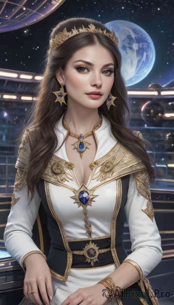 1girl,solo,long hair,breasts,looking at viewer,brown hair,long sleeves,dress,cleavage,brown eyes,jewelry,medium breasts,closed mouth,upper body,earrings,sky,belt,artist name,signature,necklace,star (symbol),white dress,bracelet,lips,makeup,watermark,moon,ring,tiara,crown,lipstick,gem,star (sky),pendant,eyeshadow,starry sky,gold trim,realistic,nose,fantasy,red lips,space,planet,earth (planet),gold chain,black hair,sitting,collarbone,forehead