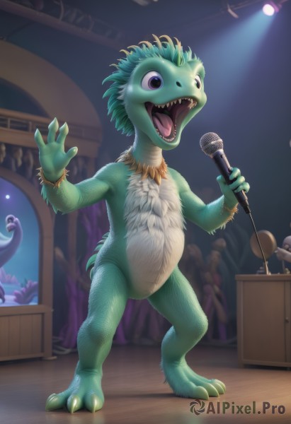 solo,open mouth,1boy,holding,jewelry,standing,purple eyes,tail,full body,male focus,teeth,solo focus,tongue,indoors,bracelet,no humans,sharp teeth,instrument,microphone,claws,furry,music,furry male,green skin,holding microphone,singing,drum,stage,kappa,black eyes,colored skin,watermark,spotlight,stage lights