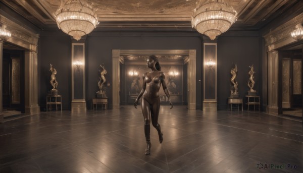 1girl,solo,long hair,breasts,short hair,navel,jewelry,medium breasts,standing,monochrome,full body,ponytail,bikini,nude,indoors,dark skin,dark-skinned female,walking,arms at sides,light,sepia,statue,ceiling,brown theme,ceiling light,chandelier,black hair,swimsuit,colored skin,running,grey skin