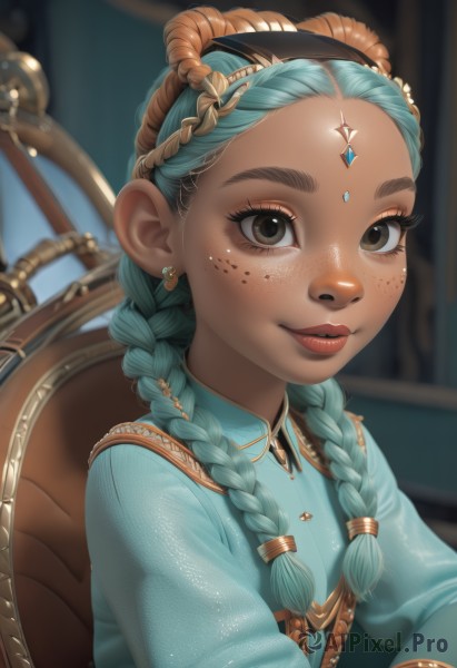 1girl,solo,long hair,looking at viewer,smile,shirt,hair ornament,long sleeves,dress,brown eyes,jewelry,sitting,closed mouth,upper body,braid,hairband,earrings,green hair,artist name,dark skin,blurry,black eyes,twin braids,dark-skinned female,lips,eyelashes,aqua hair,makeup,blurry background,blue dress,chair,facial mark,thick eyebrows,blue shirt,lipstick,gem,hair over shoulder,forehead,freckles,gold trim,forehead mark,red lips,female child,eyeliner,multiple braids