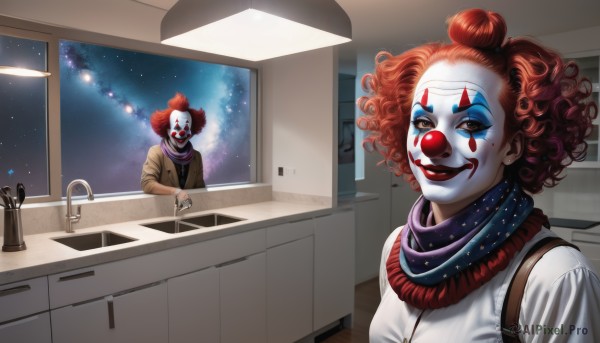 1girl,looking at viewer,smile,short hair,shirt,1boy,upper body,red hair,indoors,hair bun,scarf,orange hair,lips,window,makeup,mask,night,facial mark,lipstick,star (sky),starry sky,reflection,curly hair,mirror,nose,red lips,space,facepaint,blue scarf,kitchen,sink,clown,solo,open mouth,jewelry,sky,teeth,necklace,multiple views,single hair bun,night sky,lamp,horror (theme),afro,faucet