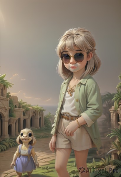 1girl,solo,looking at viewer,smile,short hair,bangs,blue eyes,blonde hair,brown hair,shirt,long sleeves,dress,jewelry,closed mouth,standing,jacket,white shirt,outdoors,open clothes,sky,shorts,day,belt,artist name,cloud,medium hair,water,necklace,bracelet,open jacket,tree,lips,short shorts,buttons,sunglasses,suspenders,grass,child,dog,white shorts,green jacket,nose,round eyewear,female child,brown belt,overalls,brown shorts,suspender shorts,teeth,brown footwear,sunlight,plant,furry,yellow-framed eyewear