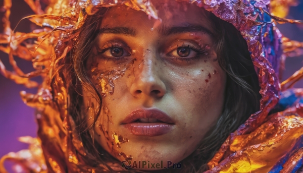 1girl,solo,looking at viewer,short hair,brown hair,black hair,brown eyes,parted lips,hood,blurry,lips,eyelashes,depth of field,blurry background,looking up,portrait,hood up,freckles,realistic,nose,dirty,hair ornament,blood,watermark,close-up,blood on face