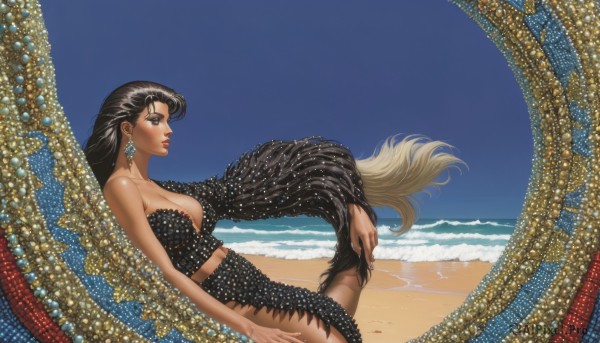 1girl,solo,long hair,breasts,large breasts,black hair,dress,cleavage,bare shoulders,jewelry,medium breasts,earrings,outdoors,sky,day,water,black eyes,black dress,from side,lips,strapless,profile,ocean,beach,sand,fine art parody,skirt,nipples,tail,blue sky,no bra,polka dot,areola slip,nipple slip