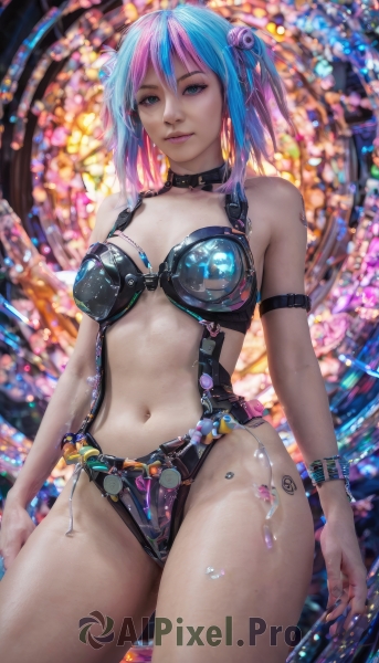 1girl,solo,breasts,looking at viewer,smile,short hair,bangs,blue eyes,hair ornament,navel,bare shoulders,twintails,jewelry,medium breasts,blue hair,standing,pink hair,thighs,multicolored hair,cowboy shot,choker,collar,two-tone hair,lips,streaked hair,revealing clothes,realistic,stained glass,hair between eyes,closed mouth,underwear,purple hair,belt,artist name,stomach,blurry,aqua eyes,watermark,web address,buckle,science fiction,contrapposto,arms at sides,cyberpunk