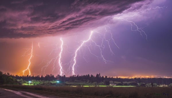 outdoors,sky,cloud,water,tree,no humans,cloudy sky,grass,building,nature,scenery,sunset,city,electricity,road,cityscape,river,lightning,landscape,purple sky,dutch angle,night,forest,city lights