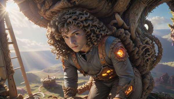 1girl,solo,long hair,looking at viewer,smile,multiple girls,brown hair,shirt,black hair,gloves,2girls,brown eyes,parted lips,wings,sky,day,pants,cloud,dark skin,blue sky,lips,leaning forward,glowing,sunlight,robot,backlighting,flying,science fiction,curly hair,mountain,nose,fantasy,sun,fairy,steampunk,short hair,blue eyes,blonde hair,outdoors,window