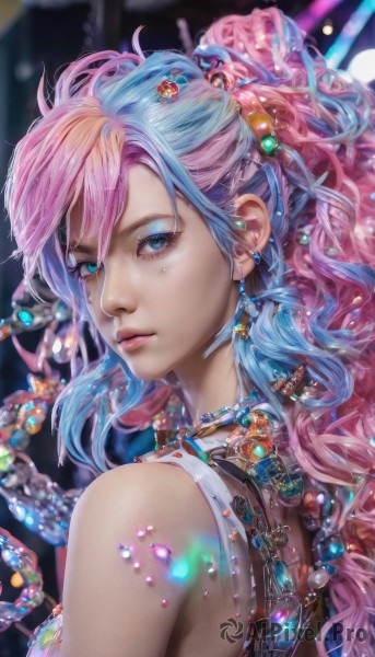 1girl,solo,long hair,looking at viewer,bangs,blue eyes,hair ornament,bare shoulders,jewelry,closed mouth,blue hair,upper body,ponytail,pink hair,multicolored hair,earrings,sleeveless,looking back,artist name,necklace,mole,blurry,two-tone hair,lips,eyelashes,gradient hair,makeup,depth of field,wavy hair,piercing,tank top,lipstick,gem,eyeshadow,freckles,beads,crystal,realistic,nose,eyeliner,mascara,hair between eyes,from behind,star (symbol),bracelet,watermark,ear piercing,portrait,web address,pink lips,bokeh,hair beads,pearl (gemstone)