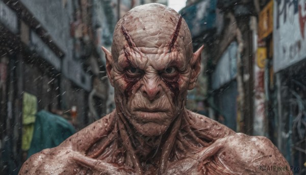 solo,looking at viewer,1boy,closed mouth,male focus,outdoors,blurry,black eyes,wet,blurry background,portrait,rain,monster,realistic,antennae,bald,alien,horror (theme),upper body,horns,pointy ears,blood,veins,blood on face