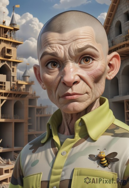 solo,looking at viewer,shirt,1boy,brown eyes,closed mouth,jacket,upper body,male focus,outdoors,wings,sky,day,collared shirt,artist name,cloud,blue sky,lips,cloudy sky,bug,building,pocket,city,realistic,nose,antennae,breast pocket,bald,old,old man,portrait