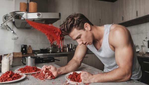 solo,short hair,open mouth,brown hair,shirt,black hair,1boy,holding,bare shoulders,closed eyes,white shirt,male focus,food,sleeveless,indoors,blood,muscular,fruit,facial hair,tank top,knife,plate,realistic,stubble,white tank top,cooking,kitchen,arm hair,sink,cutting board,cup,bare arms,bottle,muscular male,spoon,spatula,faucet