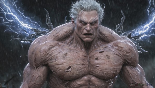 solo,looking at viewer,short hair,open mouth,blue eyes,1boy,nipples,upper body,white hair,grey hair,male focus,teeth,wet,muscular,glowing,scar,abs,pectorals,muscular male,bara,glowing eyes,angry,large pectorals,rain,veins,realistic,electricity,manly,old,old man,biceps,lightning,veiny arms,nude,outdoors,scar on face,mature male