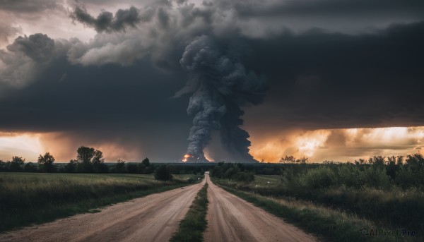 outdoors,sky,cloud,tree,no humans,cloudy sky,grass,fire,nature,scenery,forest,smoke,sunset,monster,mountain,road,bush,landscape,hill,ground vehicle,motor vehicle,path