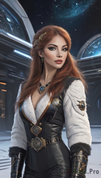 1girl,solo,long hair,breasts,looking at viewer,blue eyes,brown hair,shirt,hair ornament,gloves,long sleeves,cleavage,brown eyes,jewelry,medium breasts,white shirt,cowboy shot,earrings,parted lips,belt,pants,necklace,vest,lips,fur trim,makeup,black pants,lipstick,gauntlets,star (sky),pendant,eyeshadow,starry sky,realistic,red lips,space,planet,science fiction,nose,earth (planet)