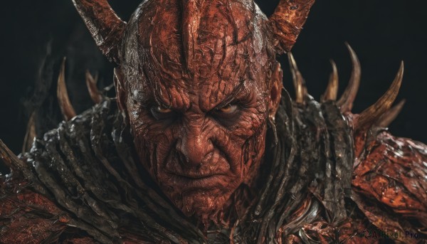 solo,looking at viewer,simple background,1boy,brown eyes,closed mouth,upper body,male focus,horns,armor,orange eyes,scar,helmet,black background,shoulder armor,portrait,spikes,pauldrons,fake horns,horned helmet,yellow eyes,teeth,colored skin,facial hair,sharp teeth,clenched teeth,angry,veins,red skin,shoulder spikes