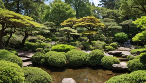 outdoors,sky,day,cloud,water,tree,no humans,grass,nature,scenery,forest,rock,road,bush,river,landscape,path,blue sky,traditional media,plant,moss