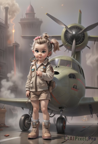 1girl,solo,looking at viewer,short hair,blue eyes,blonde hair,brown hair,hair ornament,standing,jacket,full body,ponytail,boots,shorts,lips,military,scrunchie,child,bandaid,smoke,city,realistic,aircraft,bandaid on face,female child,airplane,bandaid on nose,twintails,flower,hair flower