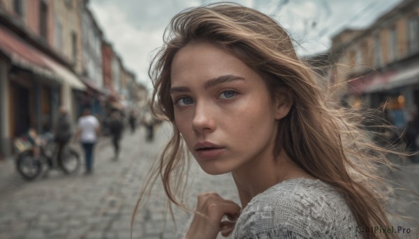 1girl, long hair, looking at viewer, blue eyes, blonde hair, brown hair, shirt, white shirt, outdoors, parted lips, solo focus, day, blurry, lips, depth of field, blurry background, ground vehicle, building, motor vehicle, freckles, realistic, nose, road, street