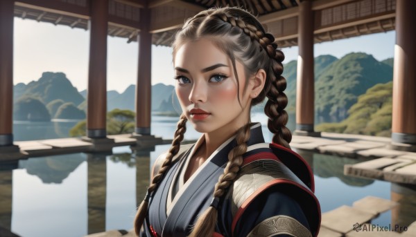 1girl,solo,long hair,looking at viewer,blush,blue eyes,brown hair,upper body,braid,outdoors,parted lips,japanese clothes,day,kimono,water,twin braids,lips,reflection,mountain,nose,red lips,architecture,east asian architecture,lake,multiple braids,black hair,closed mouth,sky,blurry,makeup,sunlight,thick eyebrows,forehead,realistic