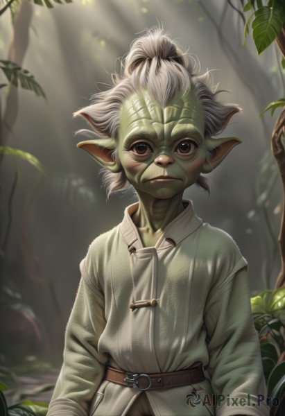 solo,looking at viewer,shirt,long sleeves,1boy,brown eyes,closed mouth,white hair,male focus,outdoors,day,pointy ears,belt,blurry,tree,colored skin,leaf,sunlight,nature,forest,light rays,male child,green skin,goblin,upper body,ponytail,artist name,plant,child,androgynous,realistic,mohawk