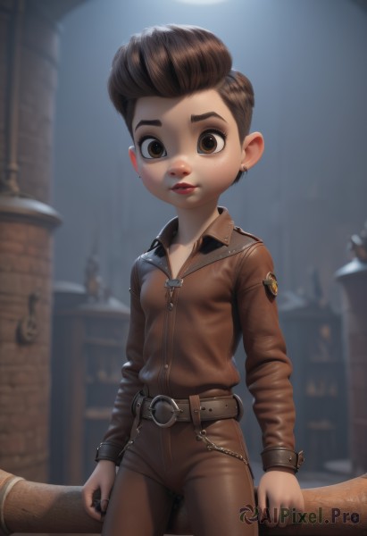 1girl,solo,breasts,looking at viewer,short hair,brown hair,brown eyes,jewelry,jacket,cowboy shot,earrings,belt,blurry,lips,blurry background,ring,child,zipper,freckles,stud earrings,leather,leather jacket,small breasts,pants,nail polish,brown jacket,male child,very short hair,pompadour