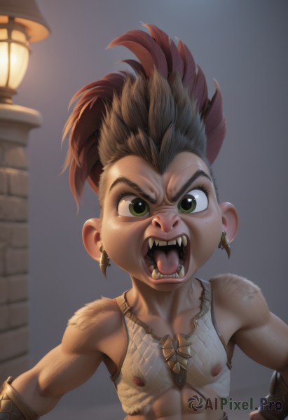 solo,looking at viewer,open mouth,brown hair,1boy,jewelry,nipples,green eyes,upper body,male focus,red hair,multicolored hair,earrings,teeth,tongue,blurry,muscular,fangs,abs,pectorals,angry,bracer,male child,bare shoulders,artist name,feathers,spiked hair,child,hands on hips