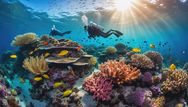 1boy,no humans,ocean,animal,sunlight,scenery,fish,bubble,light rays,rock,underwater,sun,air bubble,watercraft,sunbeam,swimming,shark,whale,turtle,dolphin,coral,1girl,short hair,hat,white hair,male focus,water,from behind,diving mask,wetsuit,diving