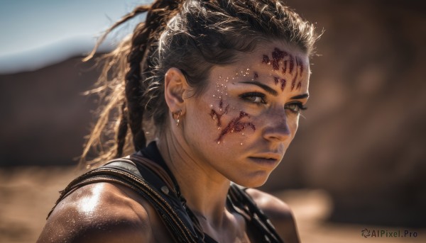 1girl,solo,looking at viewer,short hair,brown hair,black hair,brown eyes,jewelry,closed mouth,upper body,earrings,outdoors,dark skin,blurry,vest,dark-skinned female,lips,blood,blurry background,portrait,blood on face,realistic,dirty,desert,dreadlocks,long hair,1boy,male focus,piercing,injury