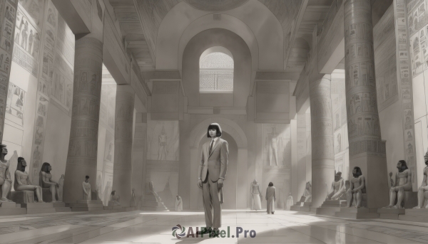 looking at viewer,short hair,bangs,multiple girls,shirt,long sleeves,holding,sitting,closed mouth,standing,jacket,monochrome,weapon,greyscale,male focus,multiple boys,necktie,shoes,solo focus,collared shirt,pants,indoors,holding weapon,window,mask,6+girls,chair,formal,sunlight,suit,6+boys,light rays,architecture,tile floor,pillar,statue,crowd,ceiling,church,arch,column,hat,hood,shadow,building,scenery,walking,hand in pocket,robe,stairs,angel,multiple others,bowing