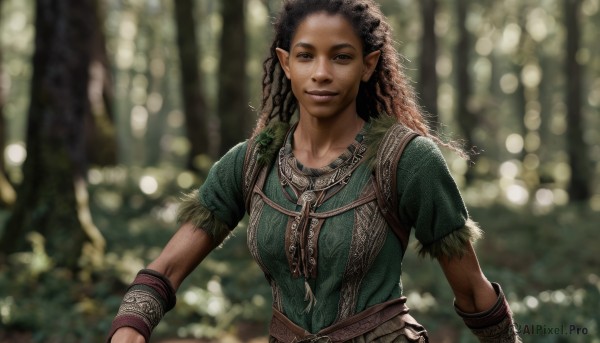 1girl,solo,long hair,looking at viewer,smile,brown hair,black hair,brown eyes,jewelry,upper body,braid,short sleeves,outdoors,pointy ears,dark skin,necklace,blurry,dark-skinned female,lips,depth of field,blurry background,elf,nature,forest,realistic,nose,bracer,tribal,belt,twin braids,tree,sunlight,arm warmers,bokeh,dreadlocks,multiple braids