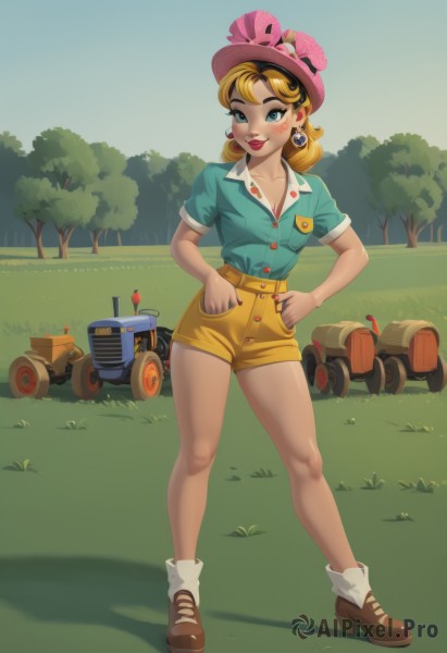 1girl,solo,breasts,looking at viewer,blush,smile,short hair,blue eyes,blonde hair,shirt,hat,jewelry,standing,collarbone,full body,short sleeves,earrings,outdoors,shoes,shorts,day,socks,collared shirt,medium hair,high heels,tree,lips,short shorts,bare legs,makeup,buttons,brown footwear,grass,blue shirt,lipstick,white socks,ground vehicle,motor vehicle,freckles,hands on hips,red lips,car,yellow shorts,high-waist shorts,aqua shirt,long hair,cleavage,flower,small breasts,hands in pockets,hat flower,yellow headwear