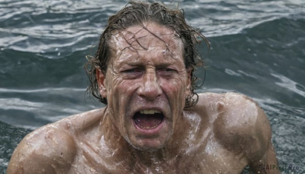 solo,looking at viewer,open mouth,brown hair,black hair,1boy,collarbone,closed eyes,upper body,male focus,outdoors,teeth,water,wet,ocean,beach,parody,portrait,facing viewer,realistic,wet hair,old,waves,wrinkled skin,short hair,facial hair,screaming