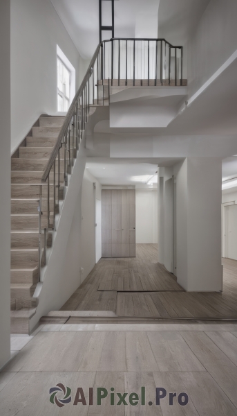 indoors,no humans,window,scenery,wooden floor,stairs,door,railing,ceiling,hallway,ceiling light,shadow