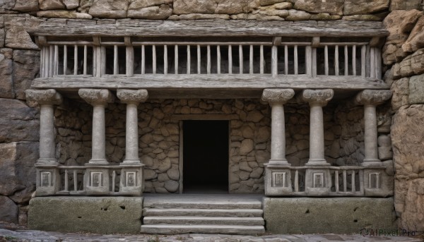 outdoors,no humans,traditional media,scenery,stairs,wall,architecture,ruins,pillar,arch,stone,column,stone floor,stone wall,stone stairs,window,building,rock,door,railing,bridge,statue,gate,real world location