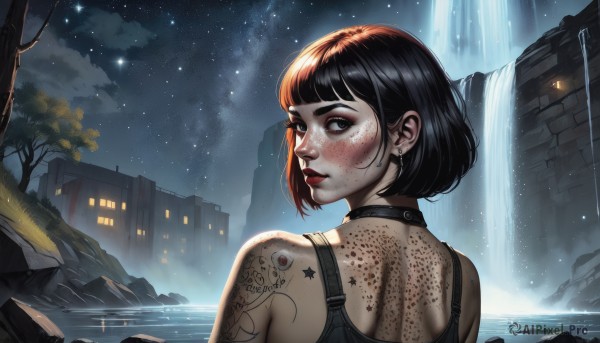 1girl,solo,looking at viewer,blush,short hair,bangs,black hair,bare shoulders,brown eyes,jewelry,upper body,earrings,outdoors,sky,choker,looking back,artist name,cloud,blunt bangs,water,from behind,star (symbol),black eyes,tree,lips,wet,tattoo,makeup,night,back,piercing,bob cut,thick eyebrows,tank top,lipstick,building,ear piercing,star (sky),night sky,eyeshadow,starry sky,freckles,nose,red lips,eyeliner,shoulder tattoo,waterfall,mascara,neck tattoo,back tattoo,bra,eyelashes,watermark,black bra