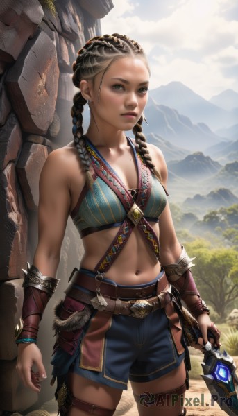 1girl,solo,long hair,breasts,looking at viewer,brown hair,black hair,navel,holding,cleavage,bare shoulders,brown eyes,medium breasts,closed mouth,green eyes,standing,weapon,braid,cowboy shot,small breasts,outdoors,shorts,day,midriff,belt,sword,dark skin,holding weapon,twin braids,dark-skinned female,lips,short shorts,thigh strap,forehead,freckles,blue shorts,toned,mountain,realistic,nose,bracer,dirty,dreadlocks,multiple braids,jewelry,collarbone,multicolored hair,earrings,sky,artist name,cloud,signature,necklace,stomach,mole,two-tone hair,tree,makeup,facial mark,holding sword,piercing,sunlight,mole under mouth,backlighting,navel piercing,sunrise,mole on stomach,mole on body