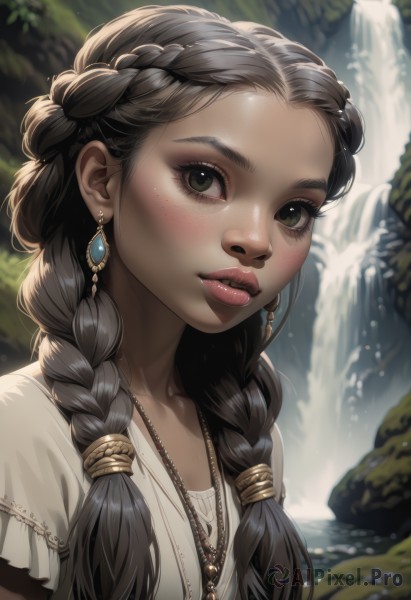 1girl,solo,long hair,breasts,looking at viewer,brown hair,shirt,black hair,jewelry,green eyes,collarbone,white shirt,upper body,braid,short sleeves,earrings,outdoors,parted lips,day,artist name,signature,dark skin,water,necklace,blurry,twin braids,dark-skinned female,lips,eyelashes,makeup,depth of field,blurry background,hair over shoulder,forehead,freckles,realistic,nose,waterfall,multiple braids,blush,bangs,hair ornament,twintails,brown eyes,teeth,sunlight,gem,nature,french braid,pendant,backlighting,pink lips,hair tie,crown braid,mascara