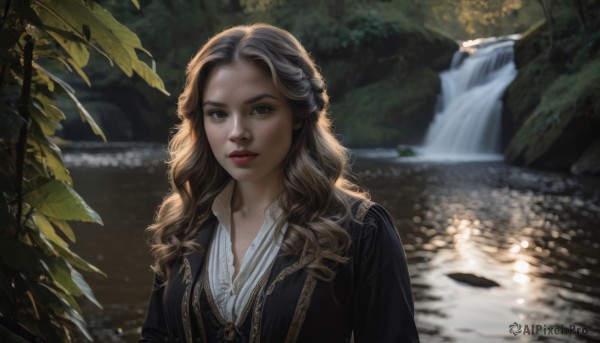 1girl,solo,long hair,looking at viewer,brown hair,shirt,brown eyes,white shirt,upper body,outdoors,parted lips,day,water,blurry,tree,lips,blurry background,leaf,wavy hair,nature,forest,curly hair,realistic,river,waterfall,lake,teeth,depth of field,sunlight,plant