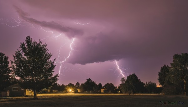 outdoors,sky,cloud,tree,no humans,window,cloudy sky,grass,building,nature,scenery,sunset,fence,electricity,road,bush,house,lightning,path,purple sky,forest