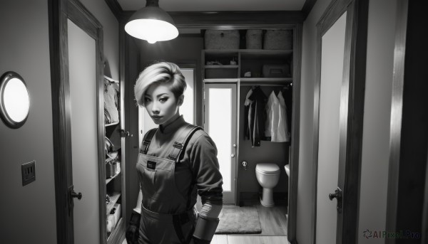 1girl,solo,breasts,looking at viewer,short hair,bangs,multiple girls,gloves,closed mouth,standing,monochrome,greyscale,solo focus,indoors,fingerless gloves,uniform,apron,makeup,sleeves rolled up,mirror,door,police,police uniform,open door,policewoman,doorway,opening door,bulletproof vest,smile,shirt,long sleeves,lips,lipstick,lamp