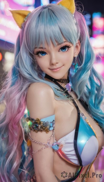 1girl,solo,long hair,breasts,looking at viewer,smile,bangs,blue eyes,large breasts,hair ornament,animal ears,bare shoulders,twintails,jewelry,medium breasts,closed mouth,blue hair,swimsuit,upper body,pink hair,multicolored hair,earrings,choker,signature,mole,blurry,two-tone hair,lips,eyelashes,gradient hair,blurry background,wavy hair,gem,armlet,realistic,grey hair,bikini,virtual youtuber,cat ears,blunt bangs,depth of field