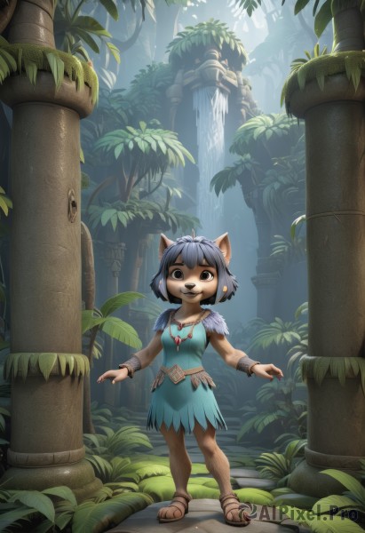 1girl,solo,breasts,looking at viewer,smile,short hair,open mouth,bangs,black hair,dress,animal ears,jewelry,blue hair,standing,collarbone,full body,earrings,outdoors,sleeveless,day,artist name,cat ears,signature,water,necklace,black eyes,flat chest,bracelet,tree,toes,:3,sleeveless dress,blue dress,leaf,fangs,watermark,short dress,sandals,happy,sunlight,grass,plant,child,nature,scenery,furry,forest,light rays,furry female,bracer,body fur,ruins,white fur,animal nose,pillar,waterfall,brown fur,moss,tribal,tooth necklace,blue eyes,brown eyes,tail,sidelocks,small breasts,parted lips,teeth,shiny,shiny hair,hands up,fox ears,fox tail,bob cut,bug,fox girl,backlighting,fur collar,green dress,wide-eyed,bangle,bush,straight-on,dappled sunlight,dirty,two-tone fur