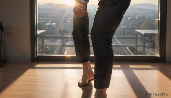 solo,1boy,standing,ass,male focus,barefoot,pants,indoors,feet,window,toes,shadow,chair,black pants,sunlight,bara,lens flare,out of frame,toenails,sunset,sun,cityscape,sunrise,shirt,multiple boys,sky,day,2boys,building,scenery,yaoi,reflection,balcony