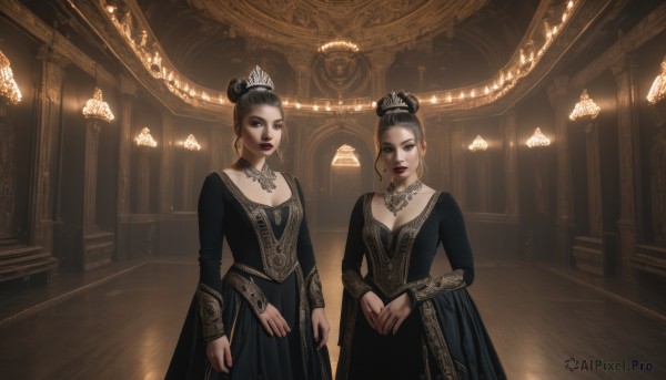 breasts,looking at viewer,multiple girls,black hair,long sleeves,dress,2girls,cleavage,jewelry,standing,earrings,indoors,necklace,hair bun,black eyes,black dress,makeup,siblings,single hair bun,own hands together,tiara,lipstick,sisters,gold trim,red lips,updo,chandelier,brown hair,hair ornament,medium breasts,realistic