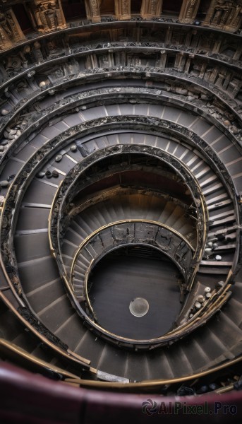 indoors,blurry,no humans,from above,scenery,clock,architecture,gears,roman numeral,arch,book,reflection,stairs,bookshelf,library,still life,globe