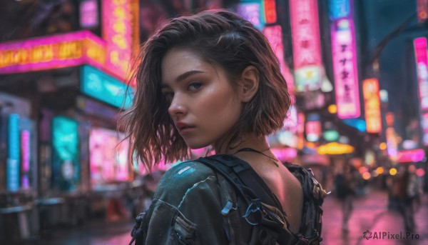 1girl, solo, looking at viewer, short hair, blue eyes, black hair, jewelry, jacket, upper body, earrings, outdoors, solo focus, looking back, necklace, from behind, blurry, lips, night, depth of field, blurry background, realistic, nose, cyberpunk, neon lights