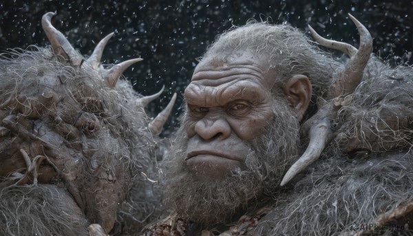 solo,1boy,brown eyes,closed mouth,white hair,male focus,lying,multiple boys,horns,looking at another,facial hair,beard,snow,spikes,snowing,realistic,bald,giant,old,old man,wrinkled skin,looking at viewer,grey hair,scar,portrait,close-up,dragon,antlers