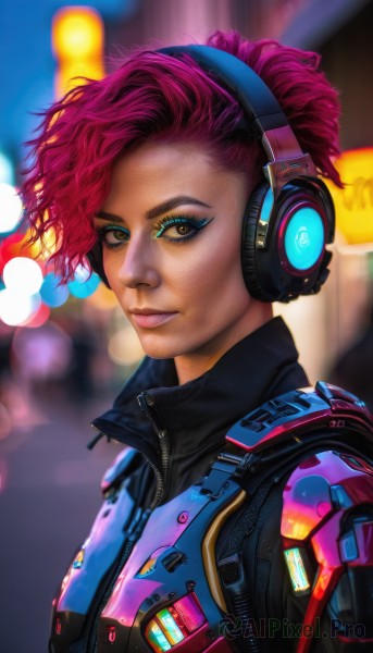 1girl,solo,looking at viewer,short hair,brown eyes,upper body,pink hair,red hair,dark skin,blurry,from side,dark-skinned female,lips,eyelashes,makeup,depth of field,blurry background,headphones,lipstick,portrait,eyeshadow,zipper,freckles,asymmetrical hair,realistic,nose,eyeliner,mascara,cyberpunk,jacket,yellow eyes,artist name,signature,vest,science fiction,high collar,badge,neon lights