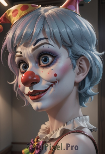 1girl,solo,looking at viewer,smile,short hair,open mouth,bangs,blue eyes,hat,bow,bare shoulders,blue hair,upper body,grey hair,frills,parted lips,teeth,shiny,artist name,indoors,blurry,lips,eyelashes,blood,makeup,lipstick,pink bow,portrait,eyeshadow,blood on face,nose,red lips,facepaint,jester cap,frilled collar,mascara,neck ruff,crazy smile,party hat,multicolored headwear,clown,blush,bowtie,book,realistic